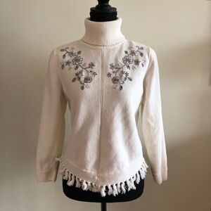 Embroidered Cream Turtleneck Sweater